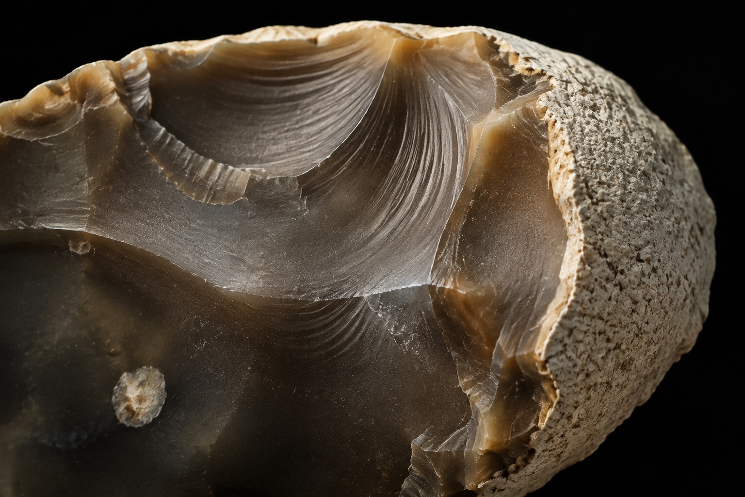 Macrofotografía de un nódulo de sílex fracturado que muestra su matriz, una inclusión, el córtex y la fractura concoidea